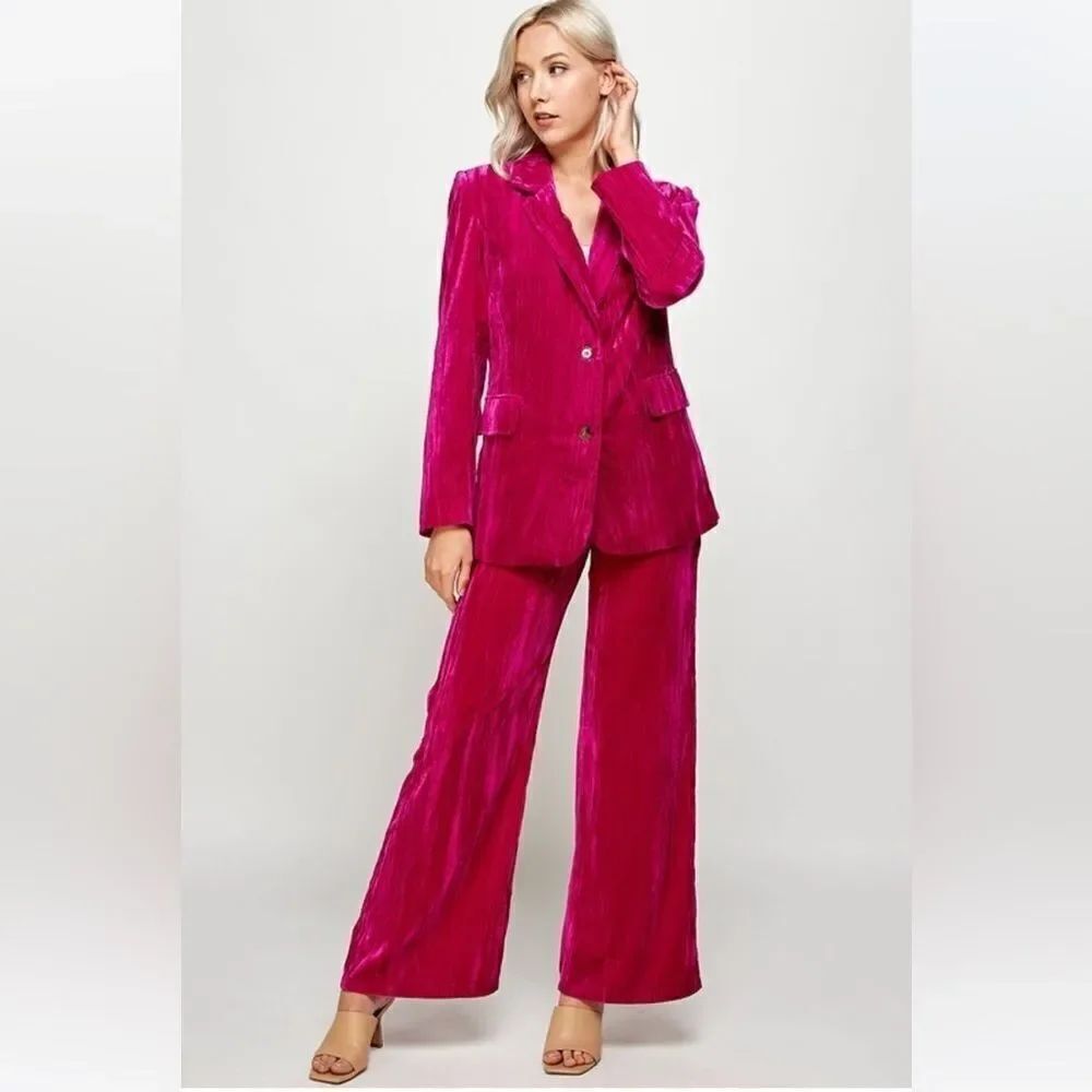 Ellison fiuchsia pink velvet trousers and blazer set